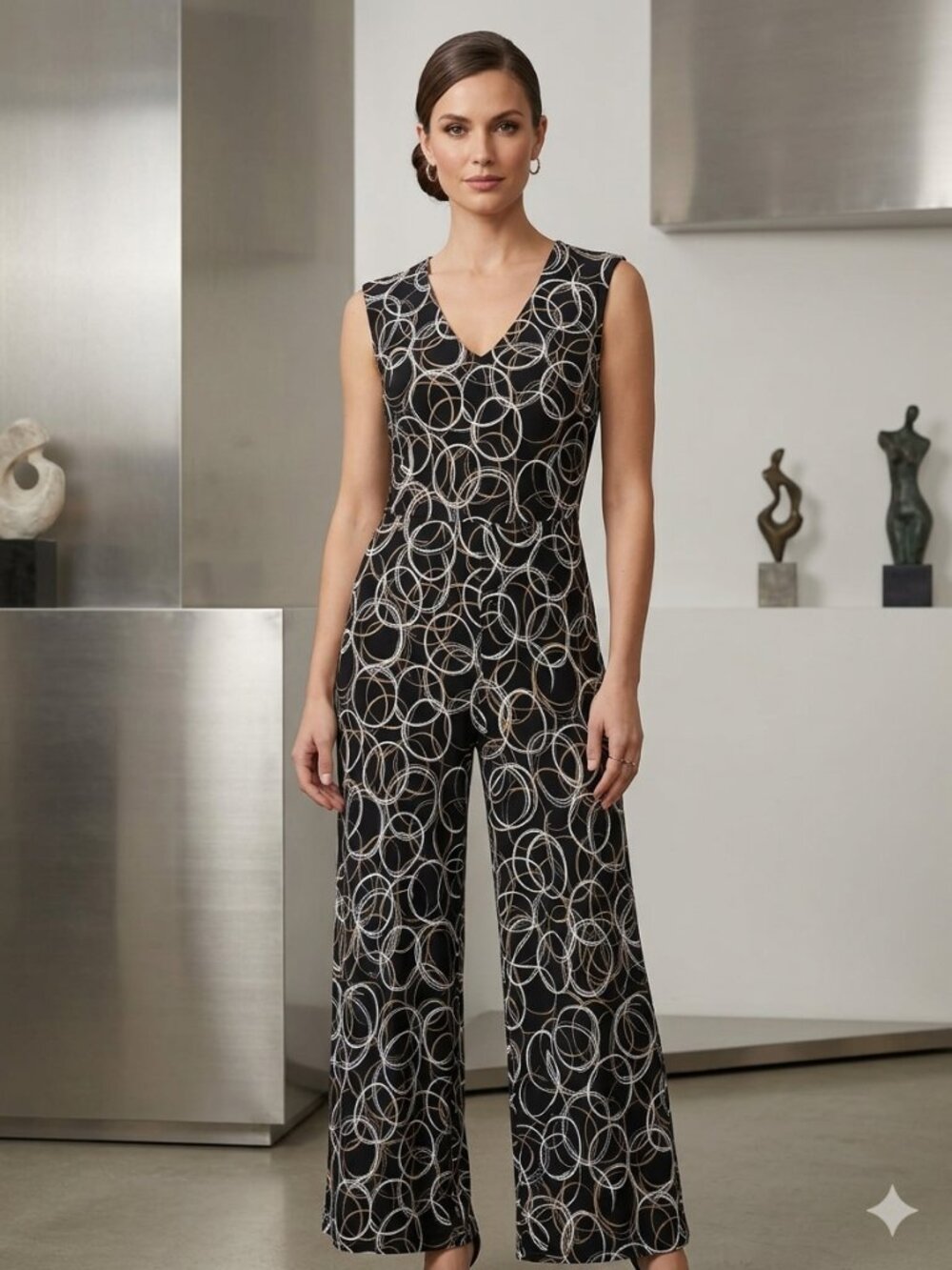 Joseph Ribkoff Women's Size 8 Black Geo Circles Print Wide Leg Jumpsuit